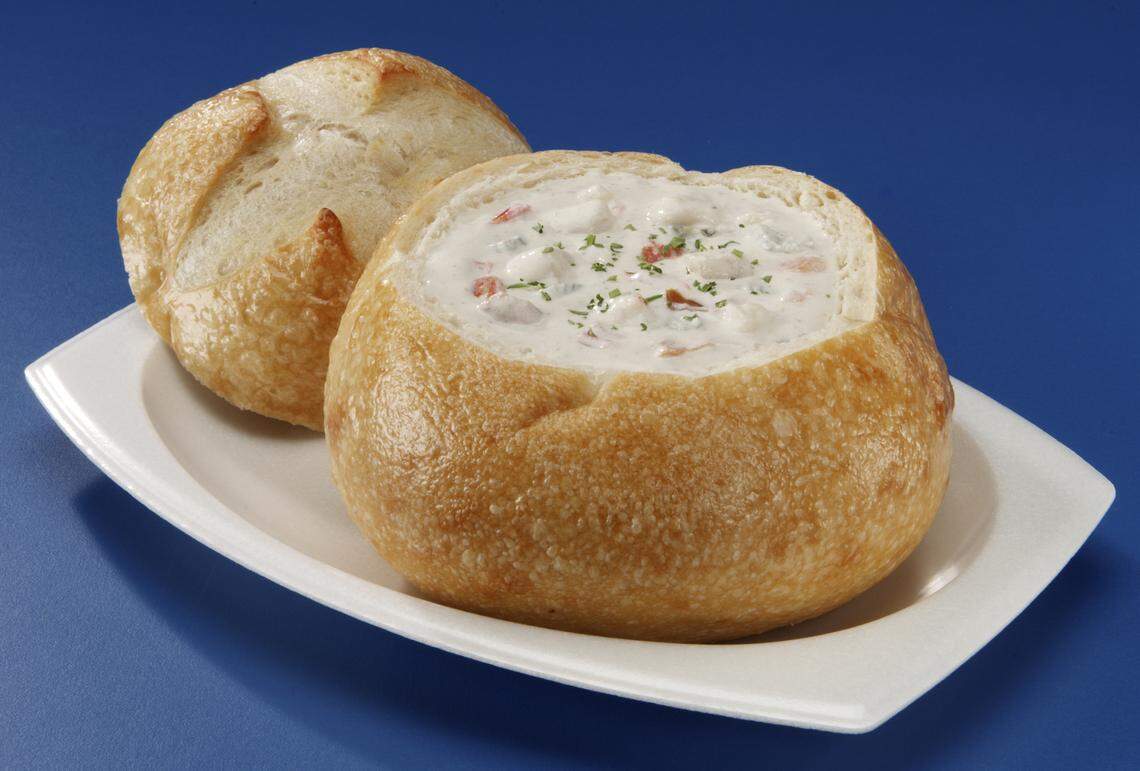 An order of salmon chowder in a bread bowl from Seattle-based seafood chain Ivar’s, which operates 18 seafood bars and fish bars, three full-service restaurants and four stadium concession locations throughout the Puget Sound area.