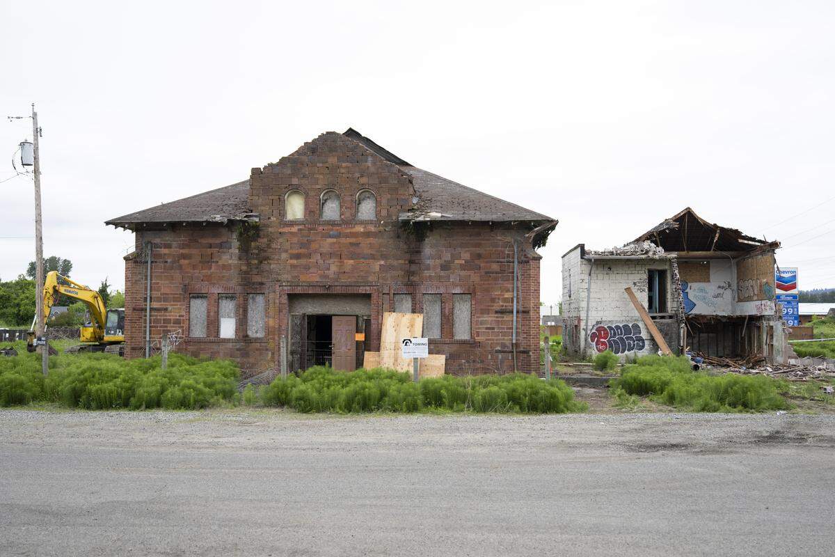 The historic Alderton School gym, left, and partially demolished school building, right, are pictured on Tuesday, May 19, 2026.