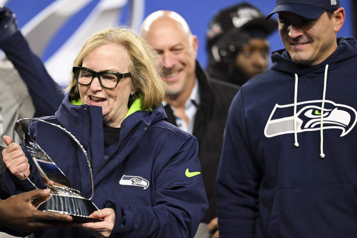 Seattle Seahawks owner Jody Allen accepts the George Halas Trophy for winning the NFC Championship against the Los Angeles Rams at Lumen Field, on Sunday, Jan. 25, 2026, in Seattle.