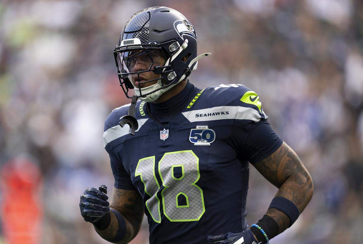 Seattle Seahawks tight end Elijah Arroyo (18) comes off the field during the first quarter of the game against the Las Vegas Raiders at Lumen Field, on Thursday, Aug. 7, 2025, in Seattle.