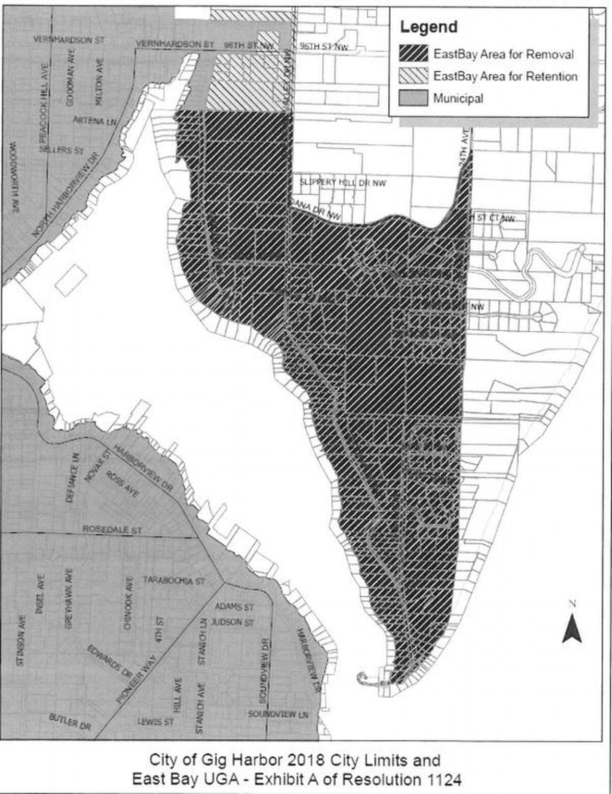 This map shows what areas of unincorporated Gig Harbor could be removed from Pierce County’s Urban Growth Area on the county’s Comprehensive Plan. The proposal was brought to the city council for support on the July 23 City Council meeting.