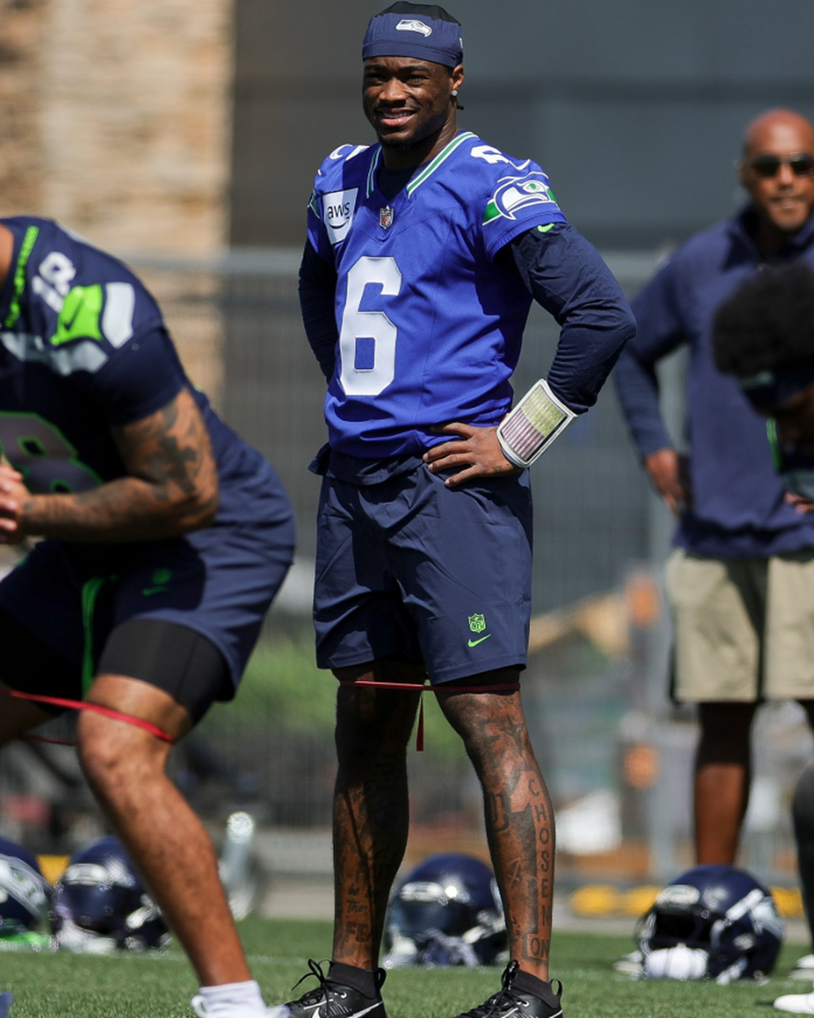Seahawks third-round draft choice Jalen Milroe doing quarterback drills in his first NFL rookie minicamp May 2, 2025, at the Virginia Mason Athletic Center in Renton.