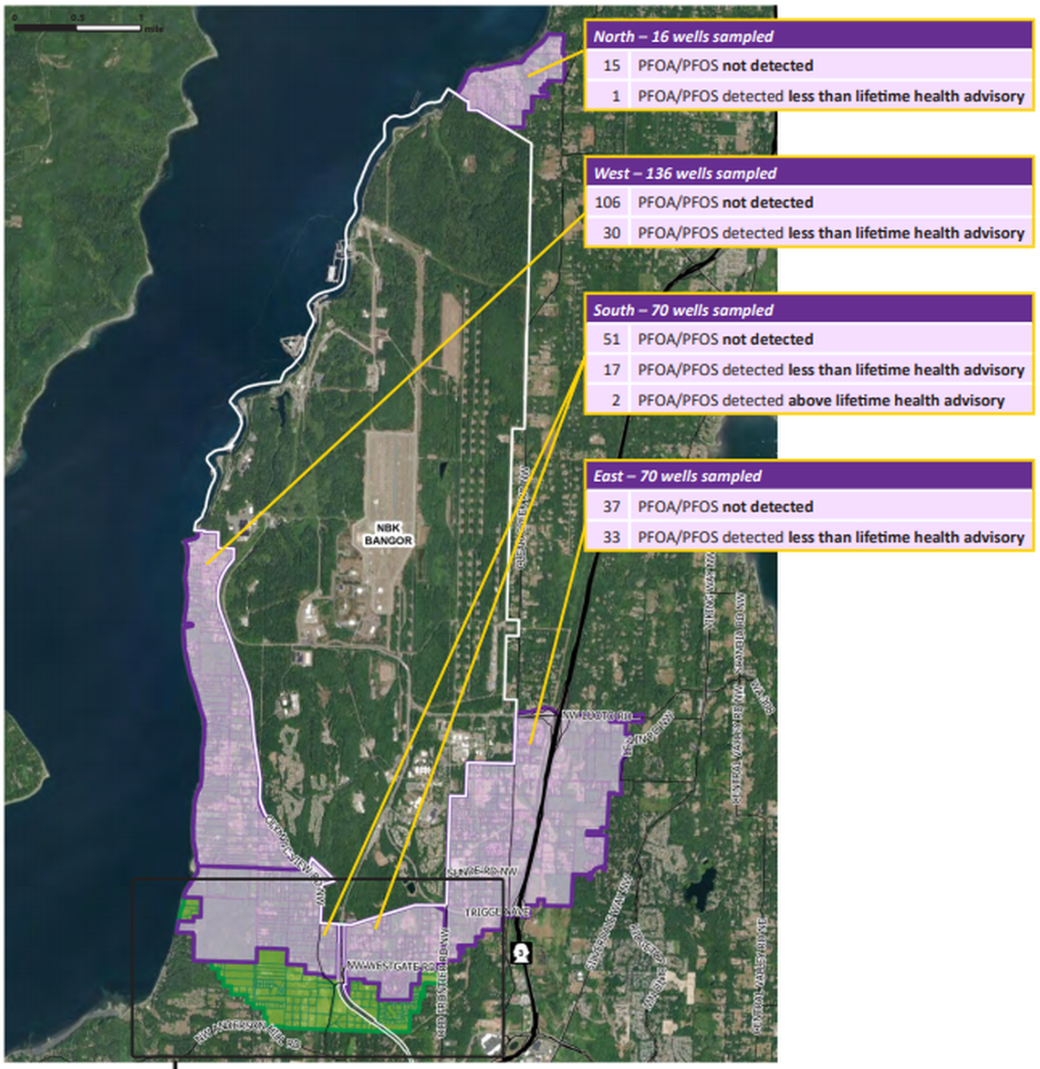 A map created by the Navy shows the areas where wells were tested for PFAS. Of the 292 wells sampled earlier this year, 83 were found to contain some level of PFAS.