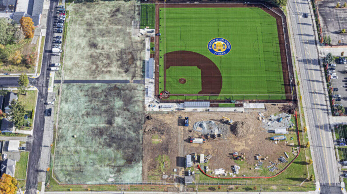 An aerial view of the Peck Community Sports Park after construction on Phase 1 of the project finished in January 2025.