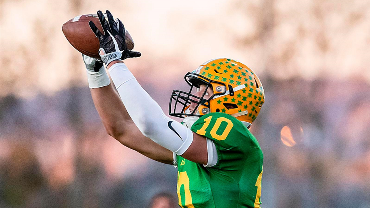 Lynden receiver James Marsh (10) catches a short pass in the end zone for a touchdown during a Class 2A state quarterfinals game on Saturday Nov. 17, 2018, at Civic Stadium in Bellingham, Wash.