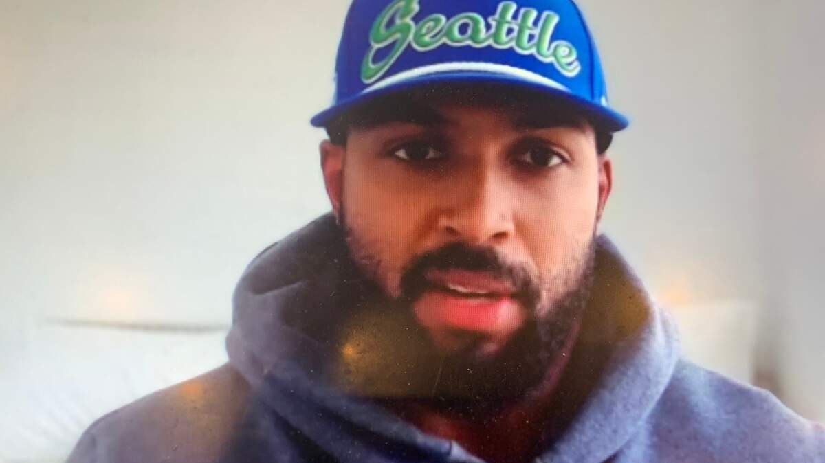 New Seahawks safety Julian Love speaking to Seattle-area reporters on an online Zoom call from his home in Chicago on April 6, 2023.