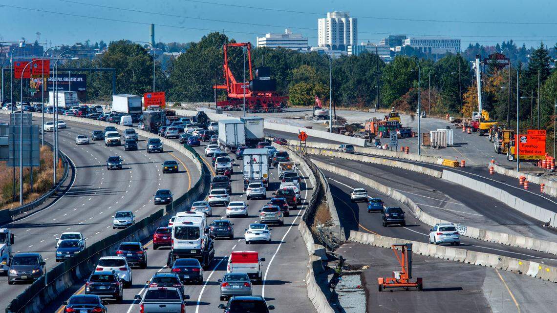 Both directions of I-5 approaching the Puyallup River near Port of Tacoma Road are in a temporary configuration while the contractor builds the new southbound I-5 Puyallup River Bridge. Photo taken on Friday, Sept. 24, 2021.d