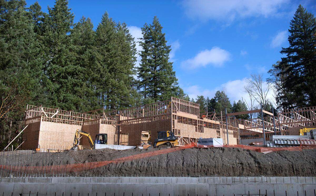 Construction of the new Gig Harbor Peninsula FISH food bank - shown on Tuesday, Nov. 16, 2021 - is well under way just to the south of the current facility in Gig Harbor, Washington.