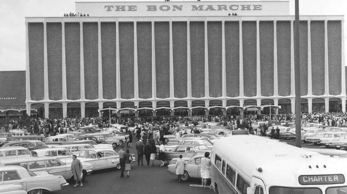 Nearly 150,000 people attended the official opening of the Bon Marche at the Tacoma Mall on Aug. 3, 1964. The parking lot was crammed full of cars, including a charter bus.