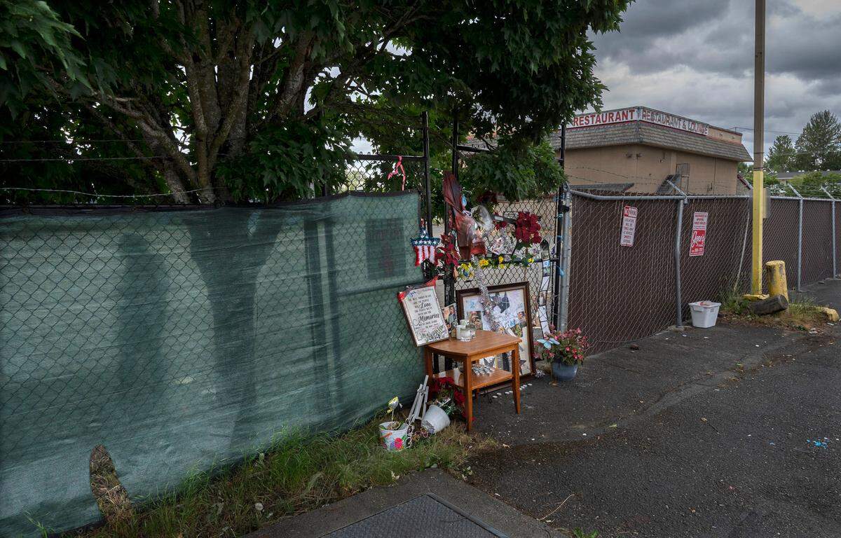 A memorial at the Econo Lodge for 29-year-old Demonte Williams, who was shot and killed Jan. 25, 2022, in a parking lot of the nearby Howard Johnson motel on Hosmer Street in Tacoma, Washington, shown on June 28, 2022. His was one of five murders along Hosmer Street this year.