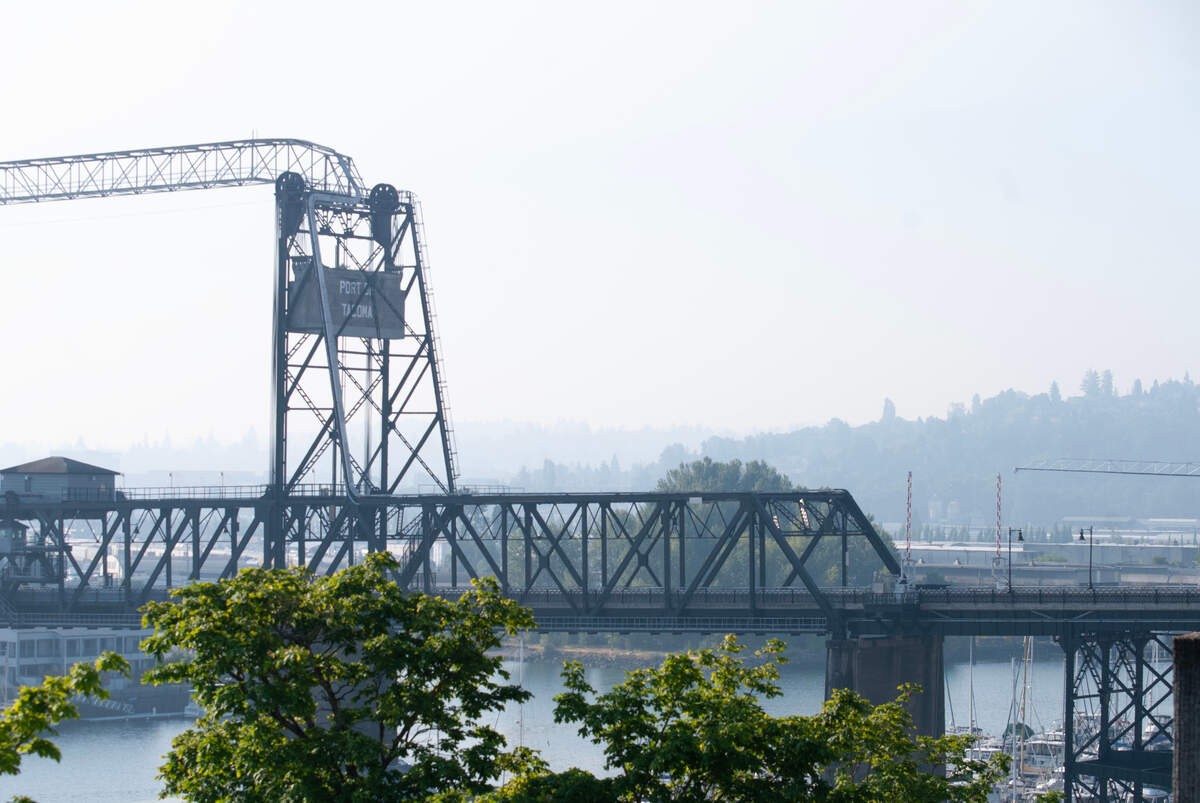 Hazy skies envelop the Murray Morgan Bridge on the morning of July 5, 2023 in Tacoma, Washington.