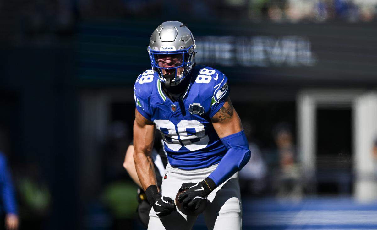 Seattle Seahawks tight end AJ Barner (88) reacts to a a first down catch during the second quarter of the game against the Tampa Bay Buccaneers at Lumen Field, on Sunday, Oct. 5, 2025, in Seattle.