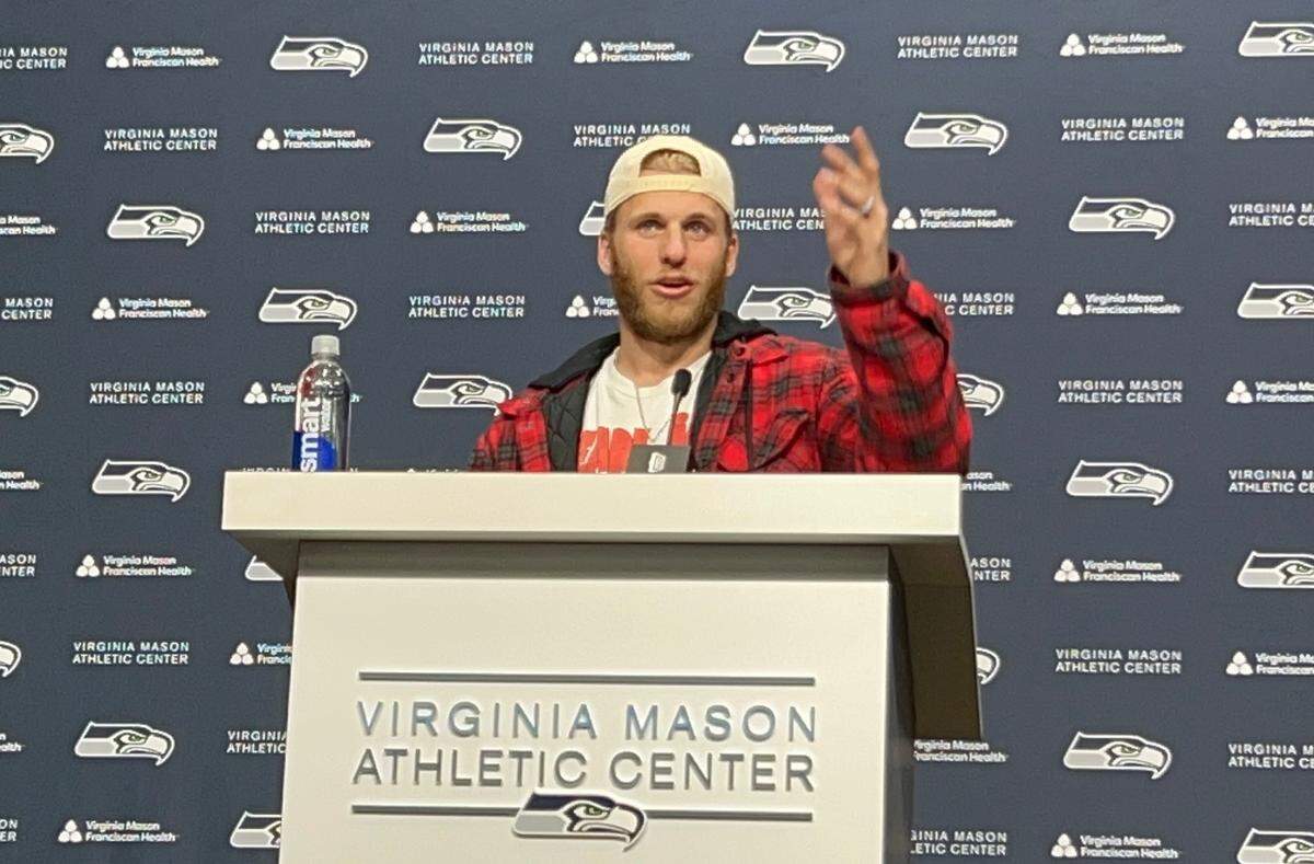 Cooper Kupp, the Los Angeles Rams’ Super Bowl 56 MVP from Yakima and Eastern Washington University, during his introductory press conference after signing his three-year Seahawks contract at the Virginia Mason Athletic Center in Renton March 18, 2025.