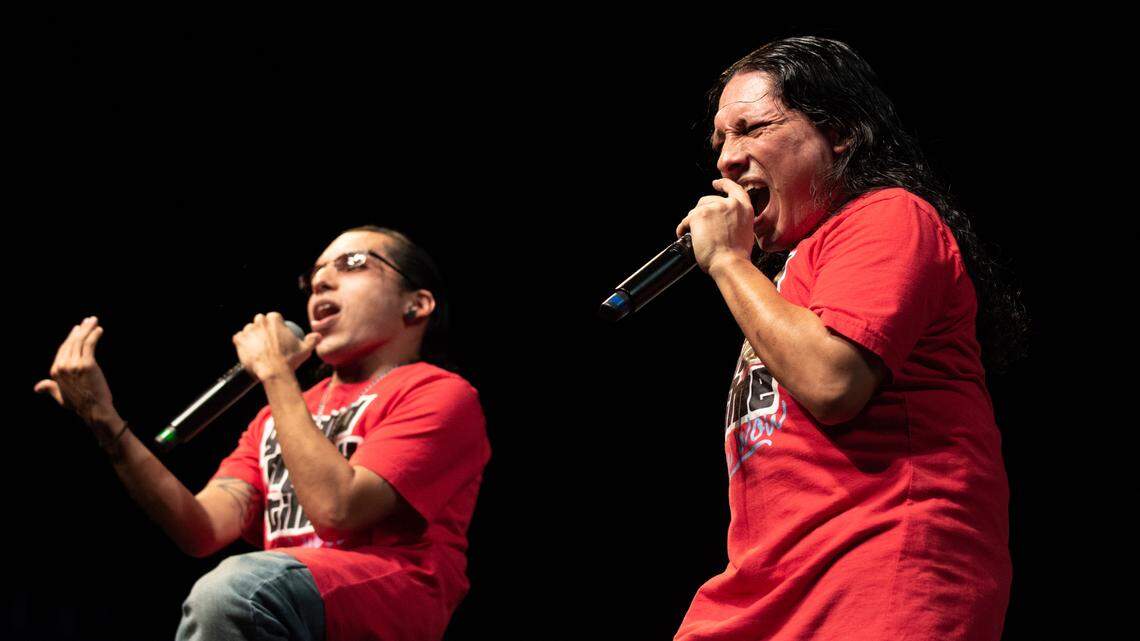 Pawnee and Choctaw rappers Lil Mike and Funny Bone — known together as Mike Bone — rap their song “Rain Dance” at NSO Entertainment’s third sold-out Native Comedy Jam Saturday, Feb. 5, at the Performing Arts and Event Center in Federal Way. The pair rose to nationwide fame auditioning with the song on “American’s Got Talent” in 2013 and recently guest starred on the successful Hulu show “Reservation Dogs.”