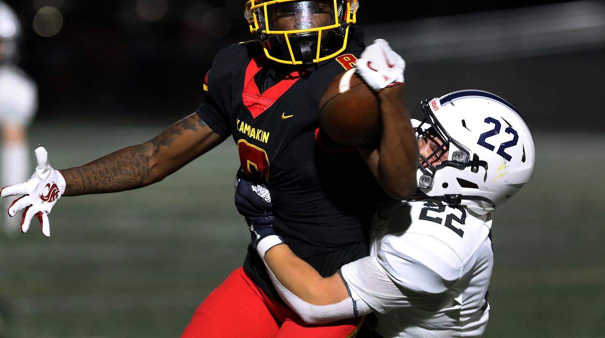 Last year, Tayten Cissne (22), had 70 tackles with the Chiawana Riverhawks. He was only second in tackles to his brother, Cooper, with 71. He's breaking up this pass intended for Kamiakin's Robert Julima during last year's game on Sept. 12, 2024 at Lampson Stadium in Kennewick.