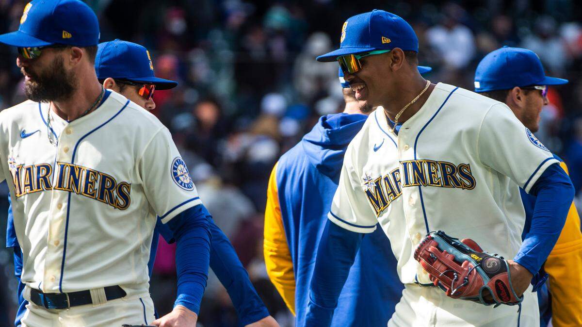 Seattle Mariners center fielder Julio Rodriguez (44) smiles after the Mariners defeated the Houston Astros 7-2 in their third game of the season at T-Mobile Park in Seattle, Wash. on Sunday, April 17, 2022.