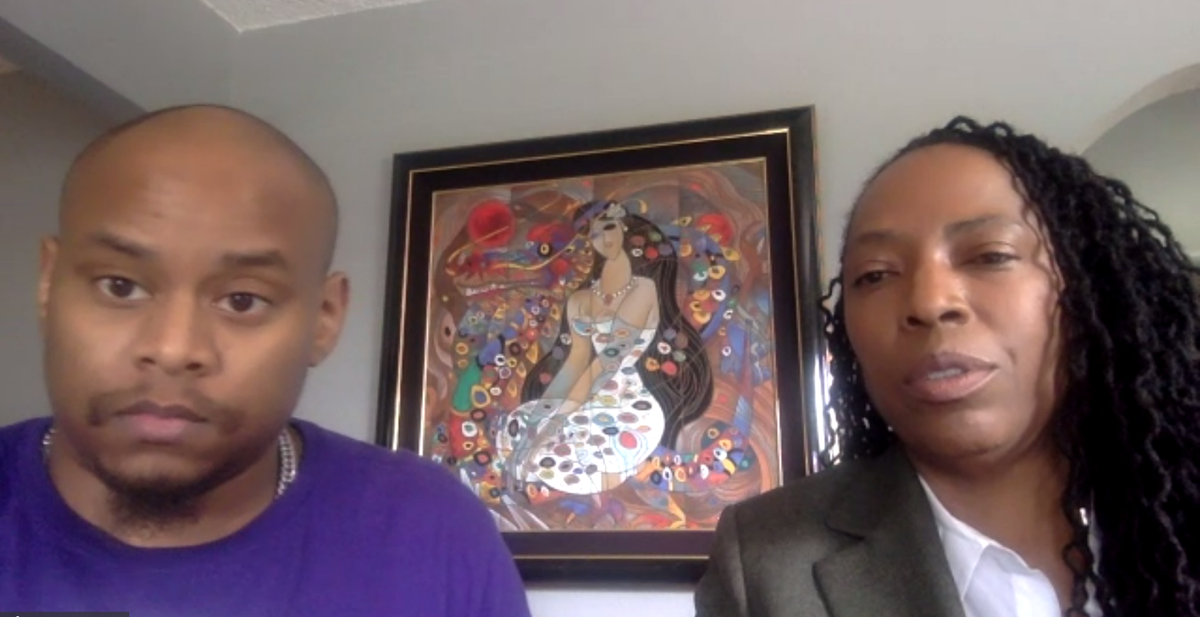In this screenshot, Sedrick Altheimer (left) and attorney Vonda Sargent appear via Zoom at a court hearing Monday, June 6, 2022. Altheimer was seeking the extension of an anti-harassment order against Pierce County Sheriff Ed Troyer.