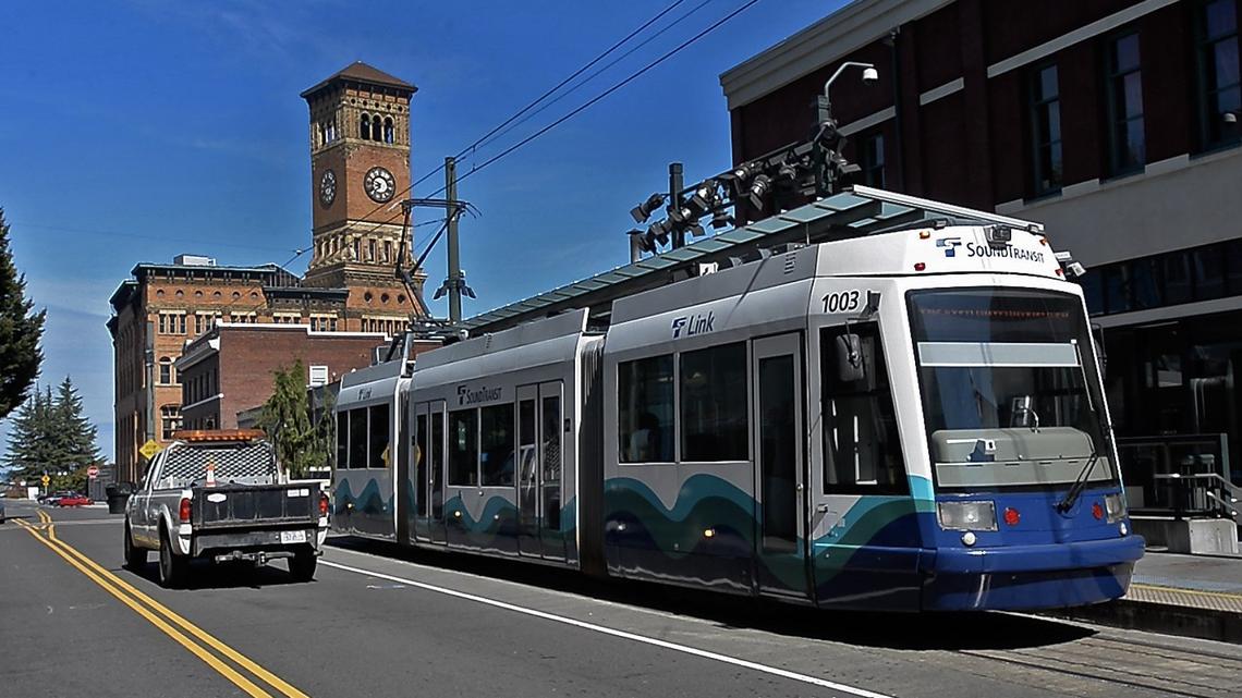 A Tacoma Link light rail vehicle stops at the current downtown terminus on Pacific Avenue, a couple blocks from Old City Hall. A planned extension would route the system through the Stadium District, then up Division Street into the Hilltop. Photo taken in Tacoma on Thursday, Nov. 16, 2017.