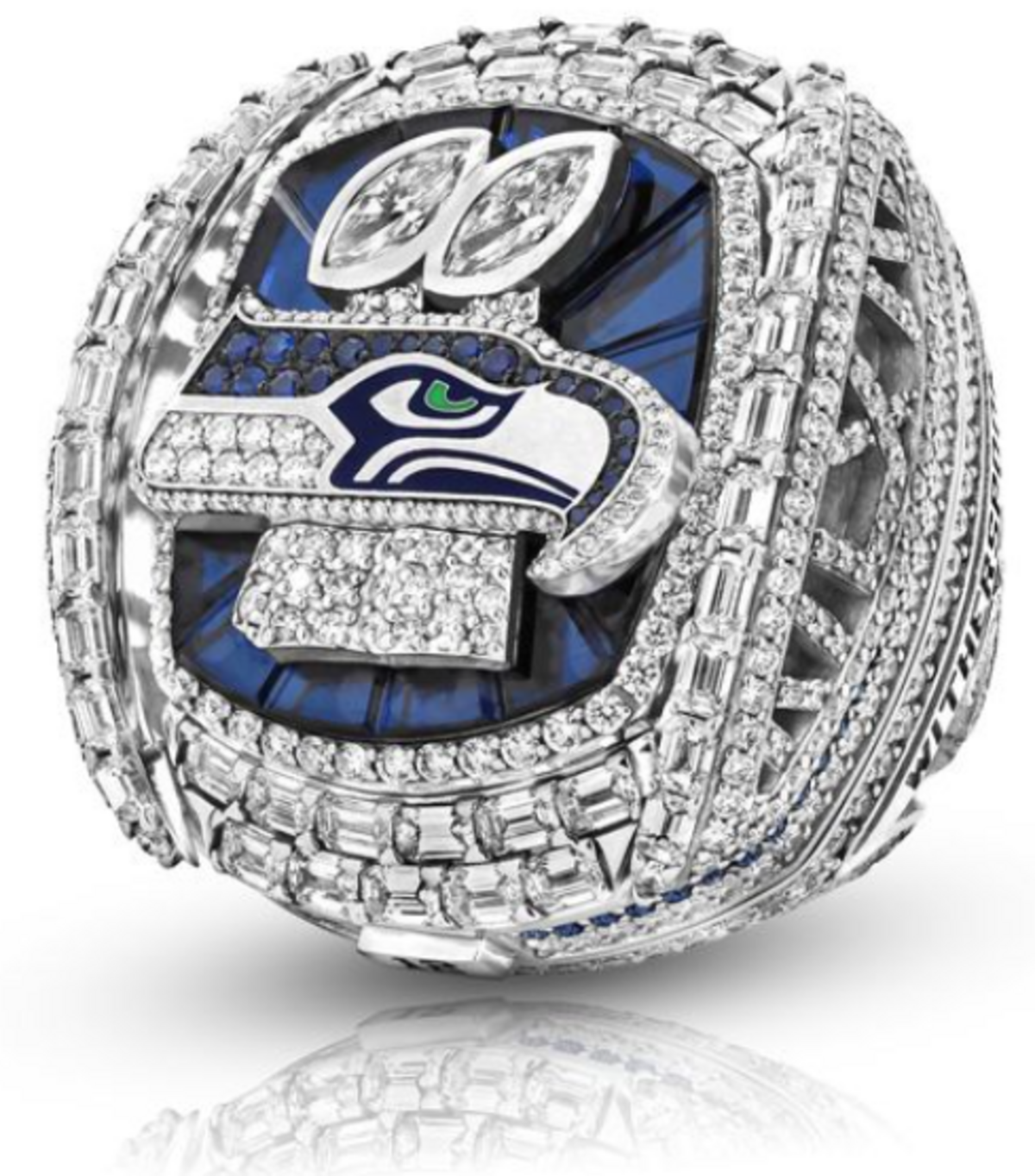 The front of the Seattle Seahawks Super Bowl 60 features diamond depictions of two Vince Lombardi Trophies, representing the franchise’s second NFL title it won Feb. 8, 2026.