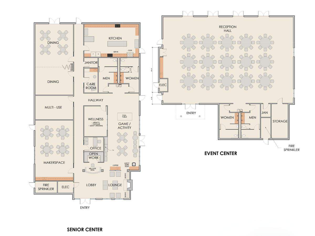 A floor plan shows the layout of proposed buildings at the new “Harbor Center” in Gig Harbor, Wash.