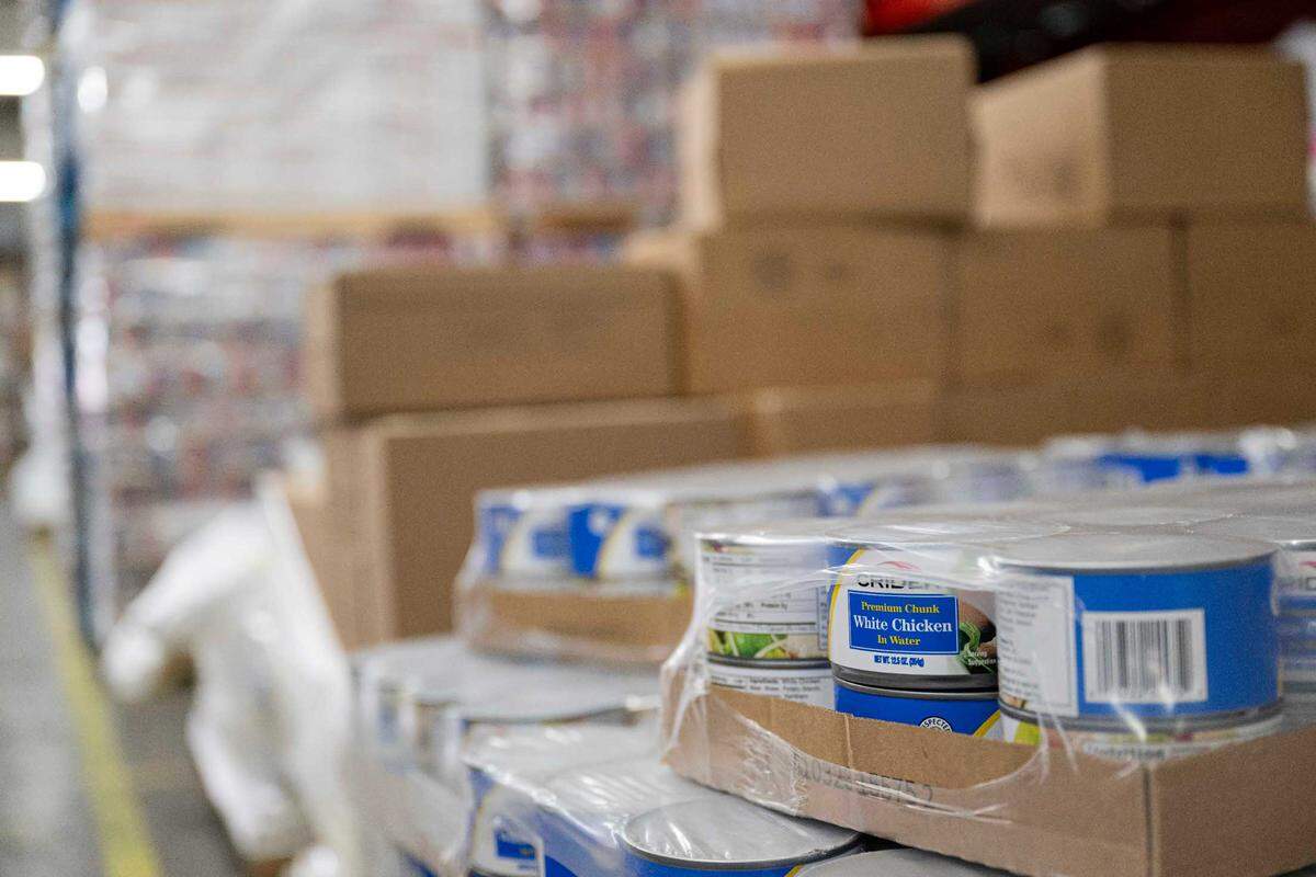 Food is stored at Emergency Food Network to be distribute to one of 75 food banks, on Thursday, April 25, 2024, in Lakewood, Wash.