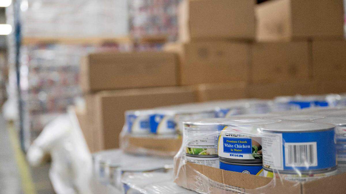 Food is stored at Emergency Food Network to be distribute to one of 75 food banks, on Thursday, April 25, 2024, in Lakewood, Wash. 