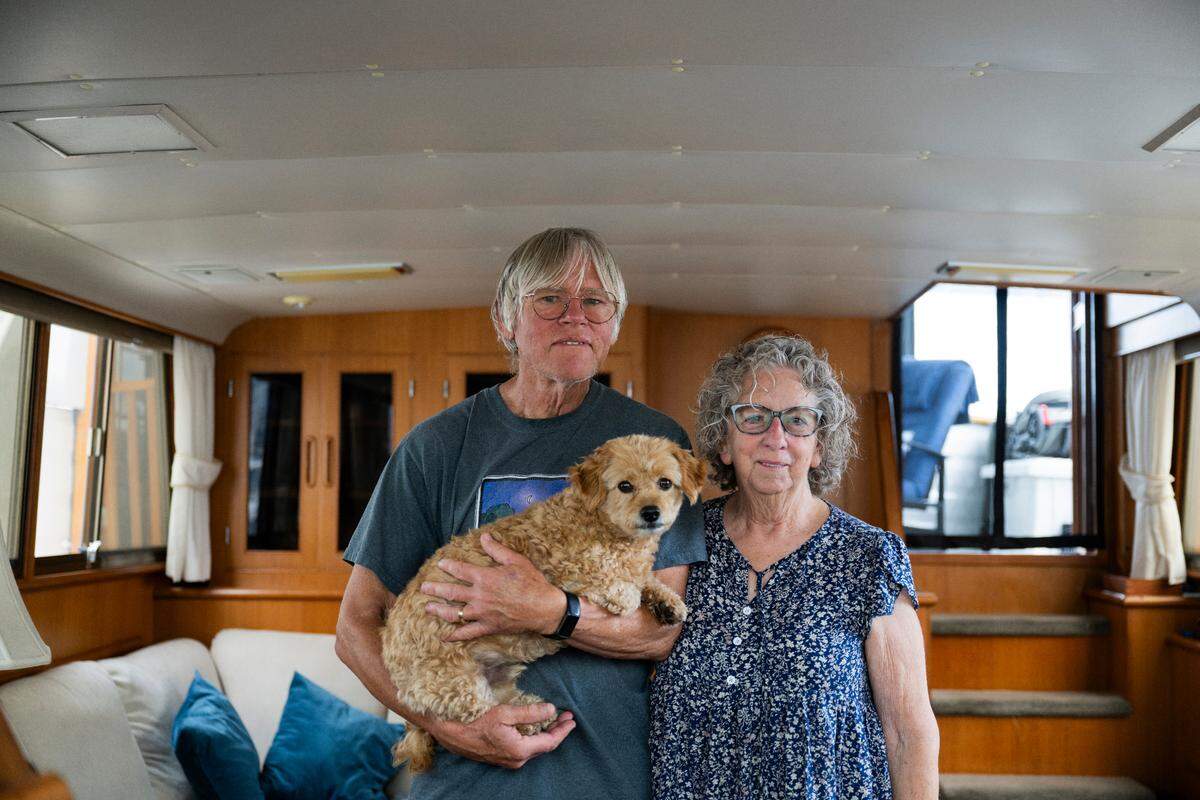 Richard and Beth Stone live in the motor yacht Barnacle Betsy with their dog Happy at the Foss Harbor Marina. Photographed on Monday, Sept. 23, 2024, in Tacoma.