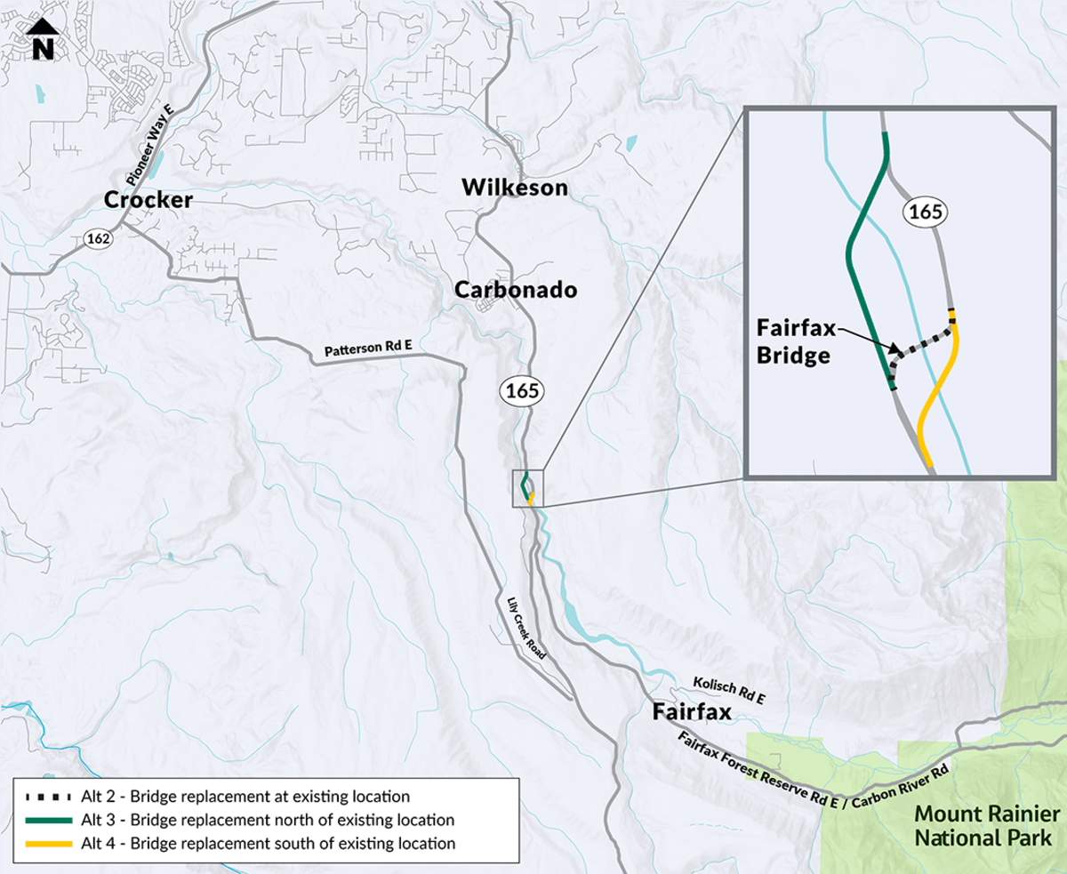 A diagram showing options that would build a new bridge in the immediate vicinity of the current one.