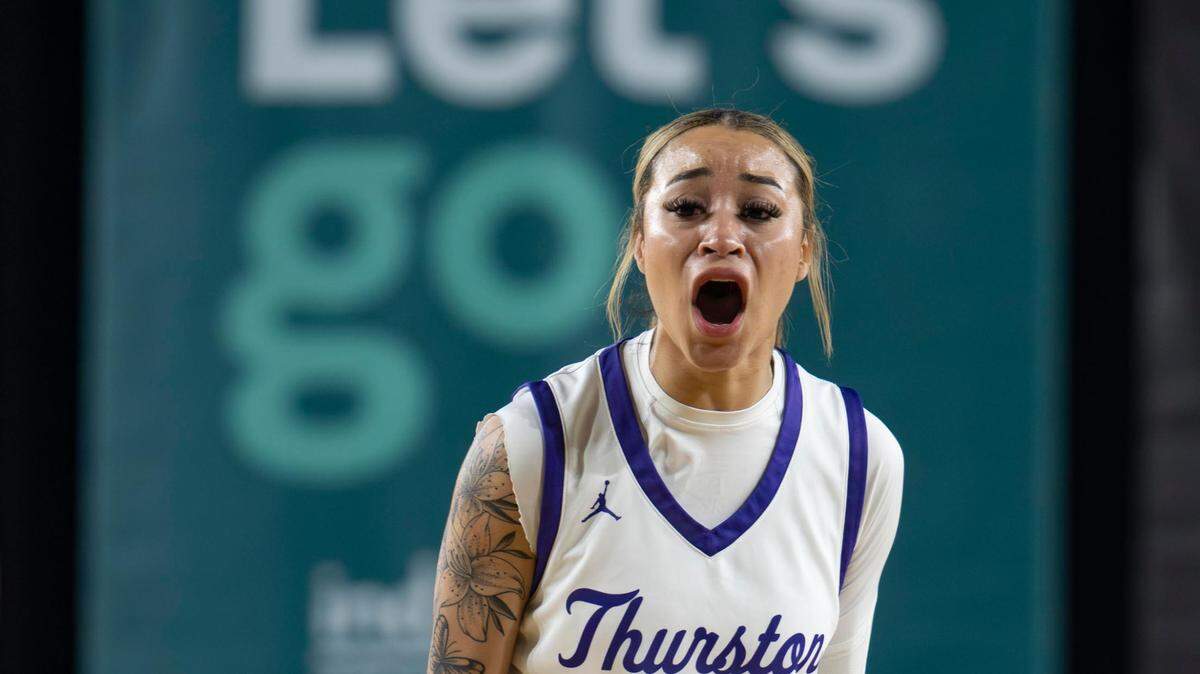 North Thurston guard Shayla Cordis (4) encourages her team after a Lakeside turnover during the second quarter of a Class 3A state basketball tournament semifinal game at the Tacoma Dome on Friday, March 7, 2025, in Tacoma.