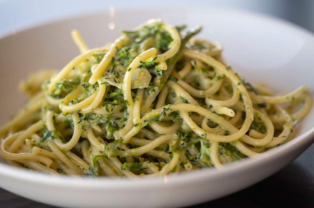 The bucatini alla rosa boasts lemon, garlic and loads of broccolini and pecorino romano. It was inspired by the chef’s mission to feed his daughter more vegetables and named after one of the cooks who perfected it.