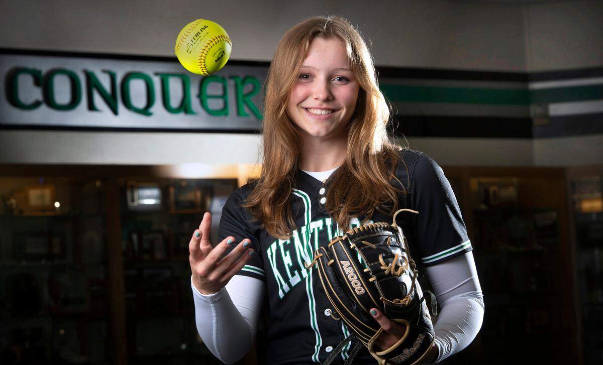 Kentwood sophomore pitcher Sarah Wright is The News Tribune’s All-Area Softball Player of the Year. She is shown at Kentwood High School in Covington, Washington on Thursday, June 9, 2022.