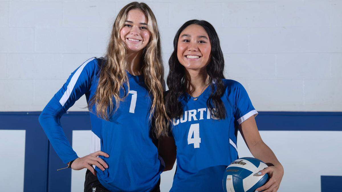 Curtis volleyball players Avery Cukjati (left) and Elaina Duong are looking to take the Vikings to a state championships. They are photographed at Curtis High School in University Place, Washington, on Tuesday, Nov. 19, 2024.