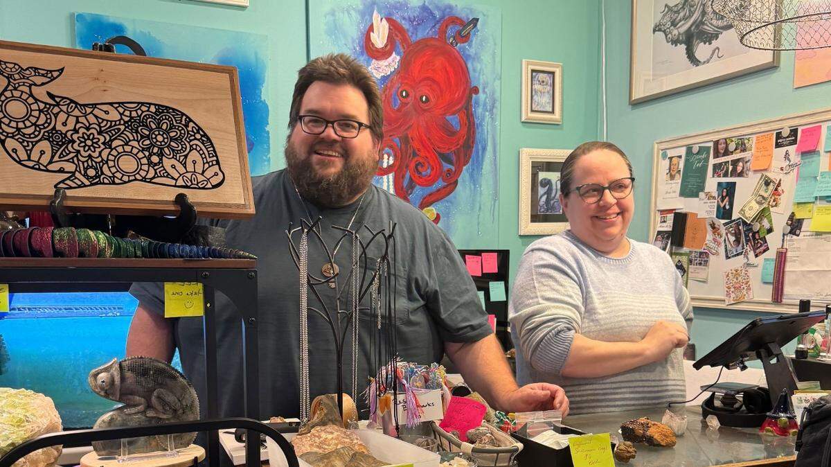 Wild Earth Rocks owners Dave and Jenny Weber beam as Erin and Paul Stevens make a purchase at the front counter Friday, Jan. 24, 2025. The store was Jenny’s idea, and Dave grew to love the store and the friendships they built with customers, he said.