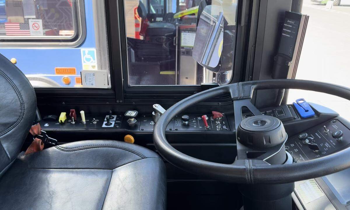 The driver’s controls on an electric bus look similar to a fossil-fuled version, according to Pierce Transit.