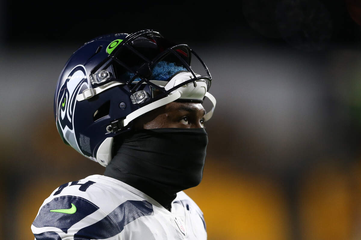 Seattle Seahawks wide receiver DK Metcalf (14) looks on before the game. The Seattle Seahawks played the Pittsburgh Steelers at Heinz Field in Pittsburgh, Pa., on Sunday, Oct. 17, 2021.
