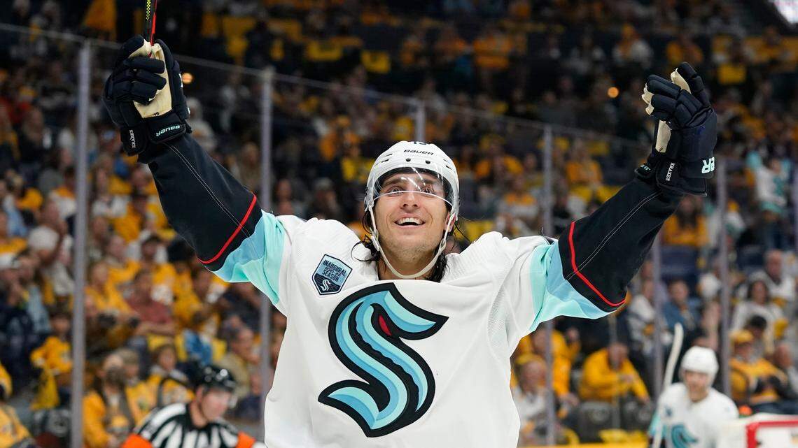 Seattle Kraken left wing Brandon Tanev celebrates after scoring a goal against the Nashville Predators in the first period of an NHL hockey game Thursday, Oct. 14, 2021, in Nashville, Tenn. Tanev contributed another goal in the third as the Kraken defeated the Predators, 4-3, to earn their first win in franchise history.