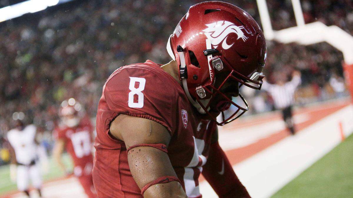 Washington State wide receiver Easop Winston Jr. (8) celebrates his touchdown catch during the second half of an NCAA college football game against California in Pullman, Wash., Saturday, Nov. 3, 2018. (AP Photo/Young Kwak)