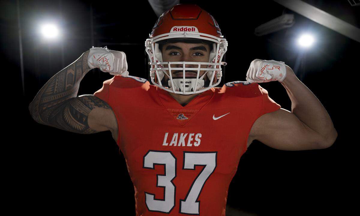 Lakes senior linebacker Ta’ulelei Mareko poses for a portrait after being selected as first-team defense for The News Tribune’s 2025 All-Area football team at Mount Tahoma High School, on Sunday, Dec. 7, 2025, in Tacoma, Wash.