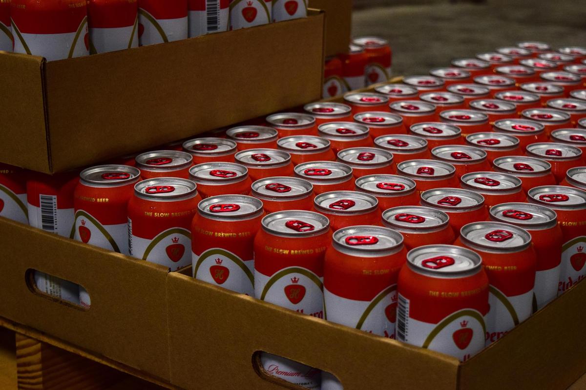 Cases of Heidelberg Beer are packed from the canning line at 7 Seas Brewing in Tacoma, Washington. Last brewed in the 1970s, the iconic Pacific Northwest lager has returned, brewed in the brand’s former warehouse.