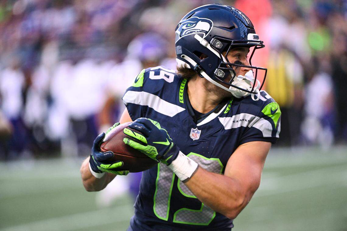 Seattle Seahawks wide receiver Jake Bobo (19) hauls in a pass during the second quarter of the preseason game against the Minnesota Vikings at Lumen Field, Thursday, Aug. 10, 2023, in Seattle, Wash.