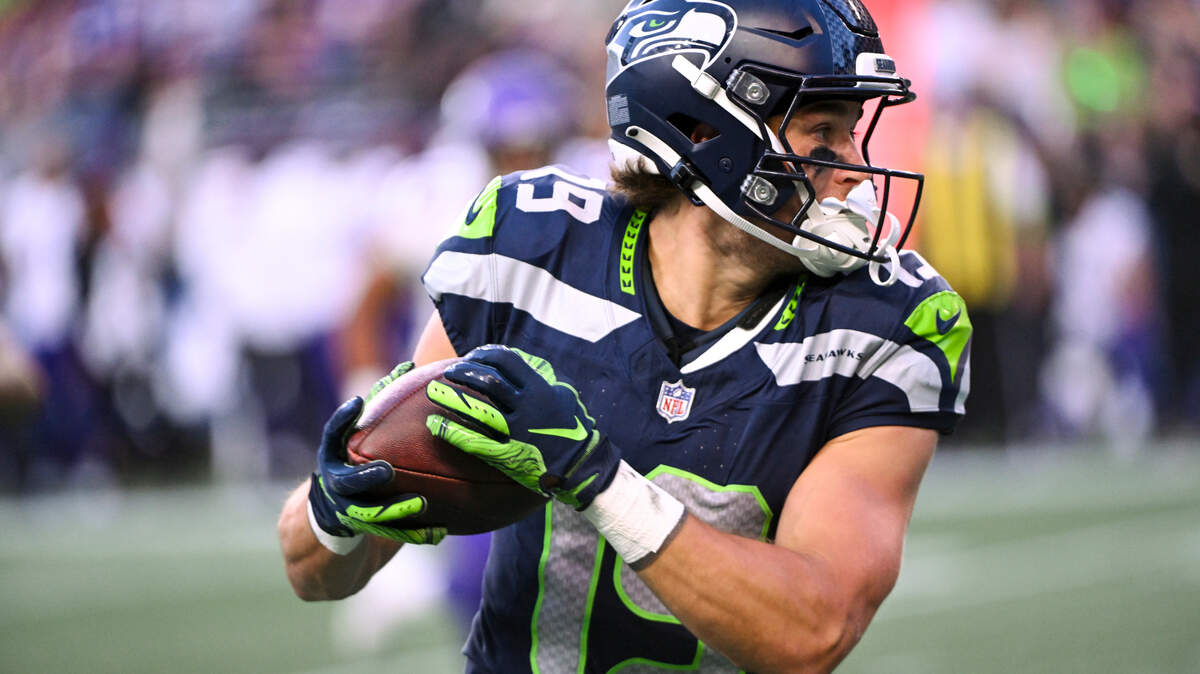 Seattle Seahawks wide receiver Jake Bobo (19) hauls in a pass during the second quarter of the preseason game against the Minnesota Vikings at Lumen Field, Thursday, Aug. 10, 2023, in Seattle, Wash.