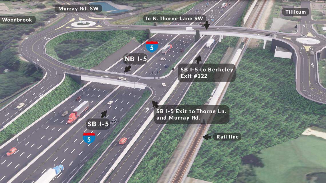 The redesigned Thorne Lane interchange from Interstate 5 is shown in this rendering released by the Washington state Department of Transportation. Among the changes are a pair of roundabouts, a railroad overpass and a shared southbound exit to Thorne Lane and Berkeley Street.
