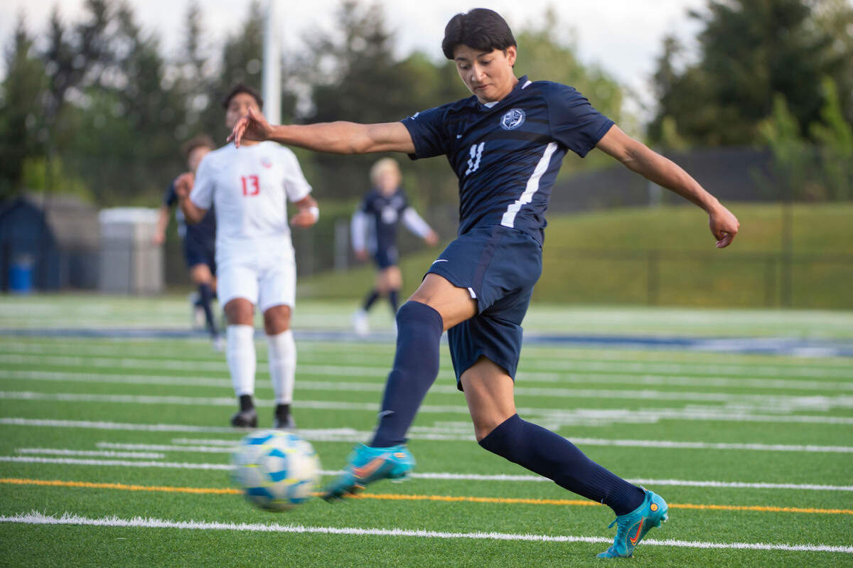 Bellarmine Prep’s Jaggar Judkins attempts a shot on goal during the first half of a 4A State tournament first-round game against Eastmont on Wednesday, May 18, 2022, at Bellarmine Prep High School in Tacoma, Wash.