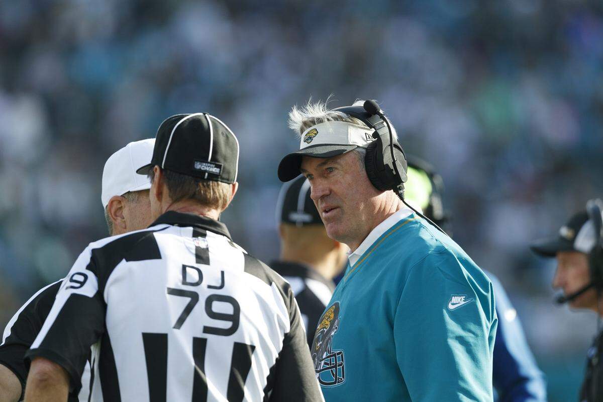 Dec 15, 2024; Jacksonville, Florida, USA; Jacksonville Jaguars head coach Doug Pederson talks to the referees against the New York Jets during the fourth quarter at EverBank Stadium. Mandatory Credit: Morgan Tencza-Imagn Images