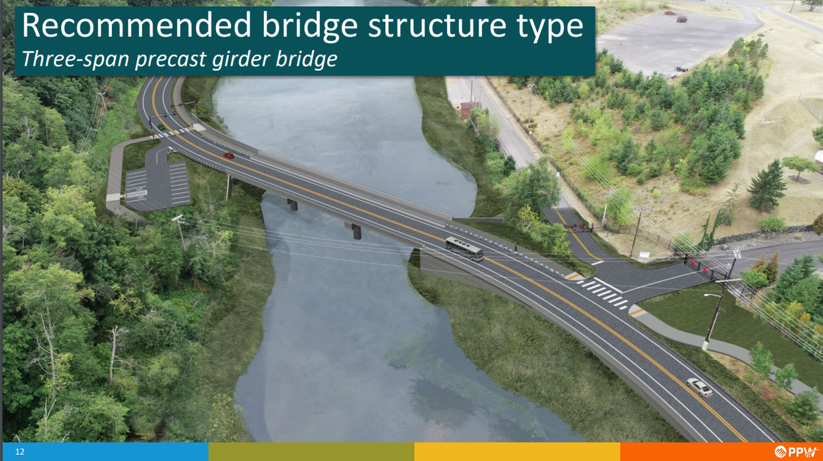 An artist rendering depicts the bridge design that has been recommended to replace the aging Chambers Creek Bridge in Steliacoom, Washington. With an estimated cost of $53 million, the new design adds a parking lot, pedestrian cross walk, pedestrian lanes and room for bikes along the roadway.