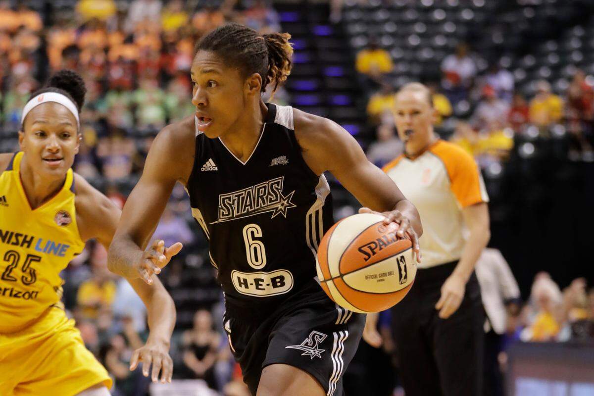 San Antonio Stars’ Alex Montgomery (6) goes to the basket during the first half of a WNBA basketball game against the Indiana Fever, Wednesday, July 12, 2017, in Indianapolis. (AP Photo/Darron Cummings)