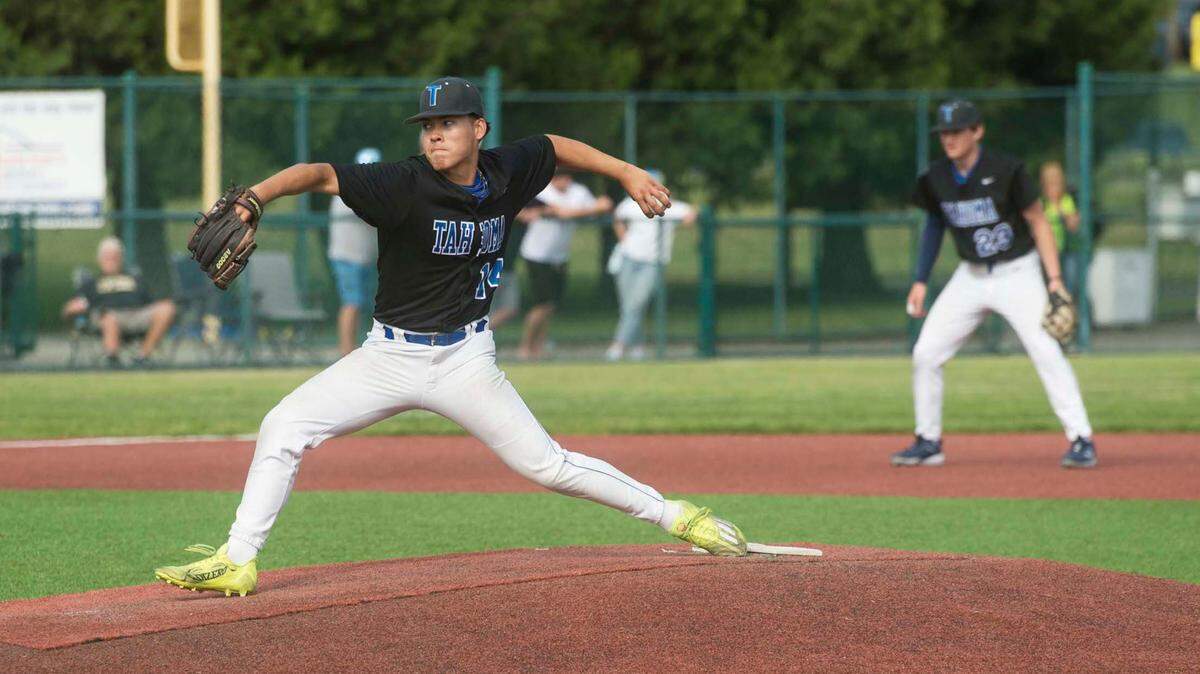 Tahoma starter Adam Jay (14) throws a pitch in a baseball game against Olympia in the Class 4A state quarterfinals on Saturday, May 20, 2023 at the Regional Athletic Complex in Lacey, Wash.