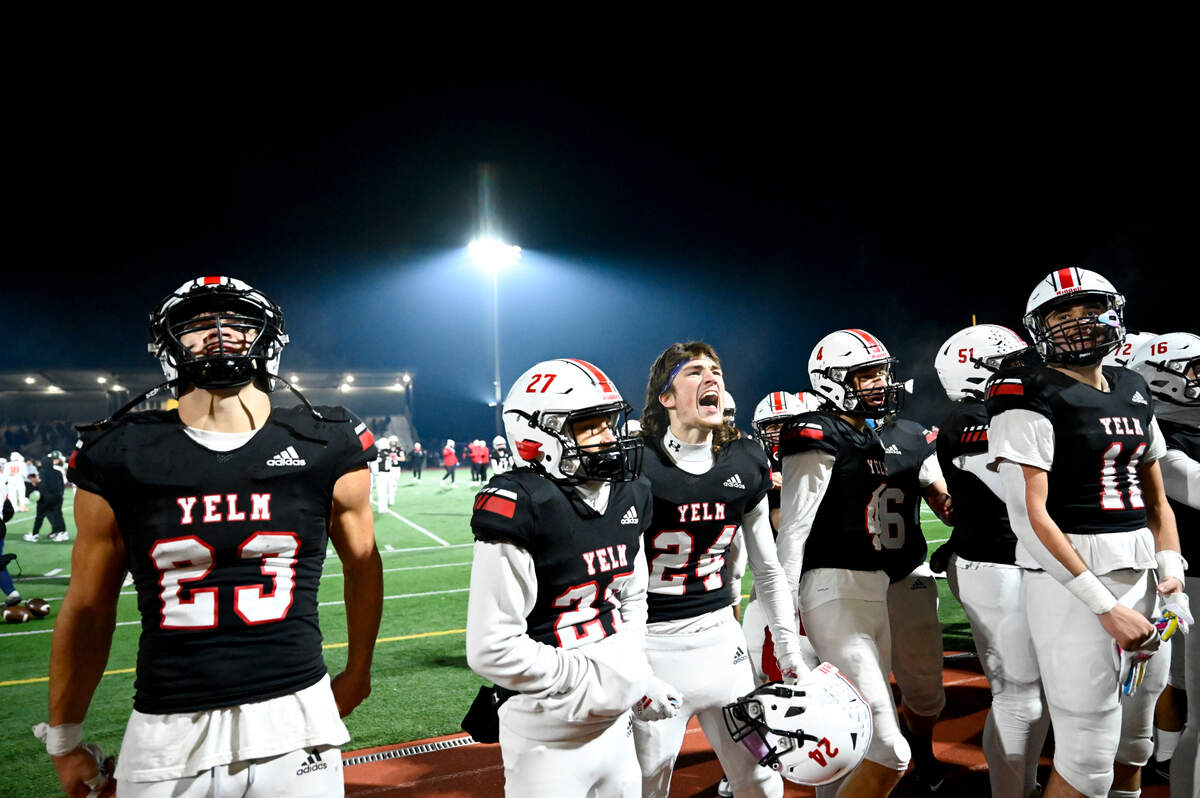 Yelm celebrates their 7-0 victory against Eastside Catholic in the 3A semifinal state game at Art Crate Field, Saturday, Nov. 25, 2023, in Spanaway, Wash.