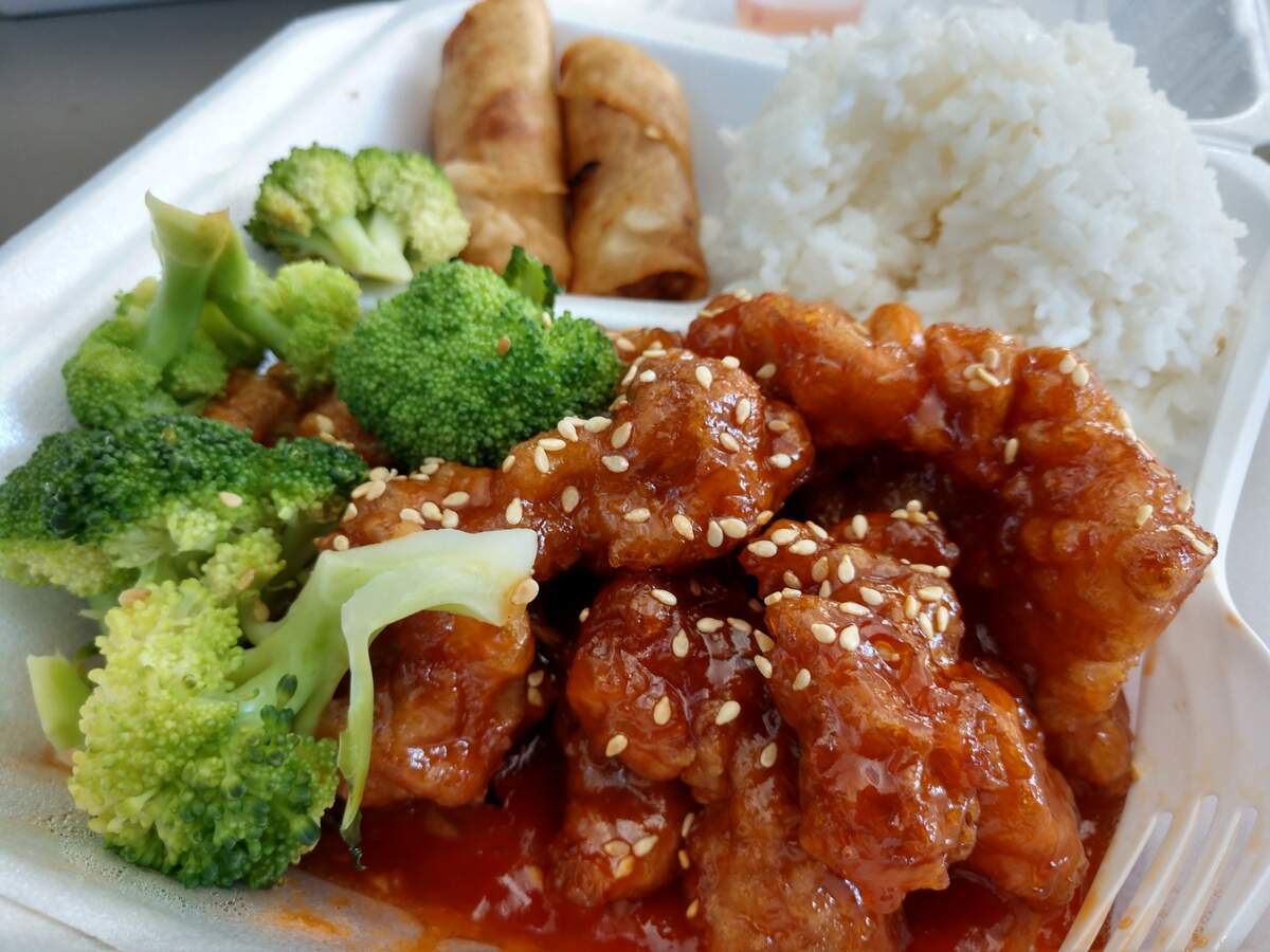 General Tso’s chicken with steamed broccoli, rice and soup from Souper Pho in Tacoma.