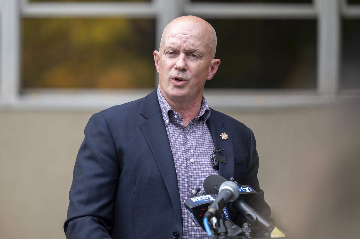 Pierce County Sheriff Keith Swank speaks at a press conference about the charging of Maj. Chadwick Dickerson on Thursday, Oct. 23, 2025, in Tacoma, Wash. Dickerson was charged Wednesday with two counts of DUI vehicular assault for crashing his pickup into an SUV near Graham.
